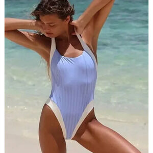 NEW KYA FREE PEOPLE PERIWINKLE VANILLA RIBBED ROSIE ONE PIECE SWIMSUIT SZ M